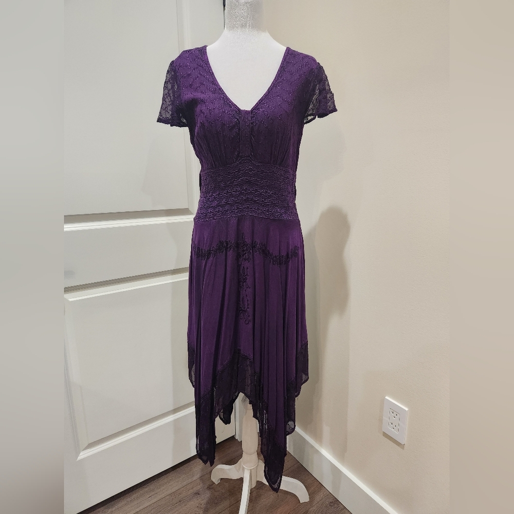 My Choice Women's Violet‎ Asymmetrical Hem Lace Overlay Dress Size M Boho Gyspy